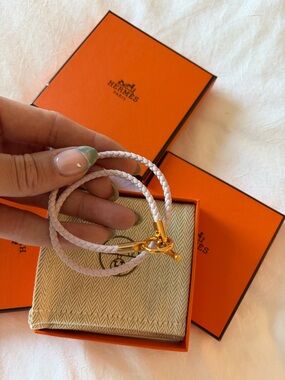 Hermès Pink Braided Double Wrap Bracelet with Gold Toggle